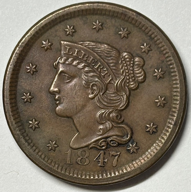 1847 Braided Hair Large Cent Choice Uncirculated Brown