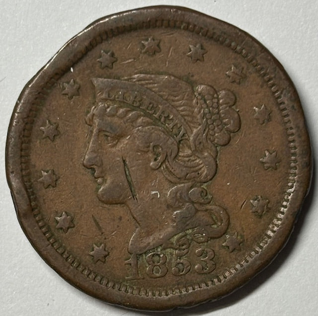 1853 Braided Hair Large Cent . . . . Fine rim bumps