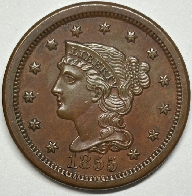 1855 Upright 55 Braided Hair Large Cent . . . . Choice Uncirculated Brown