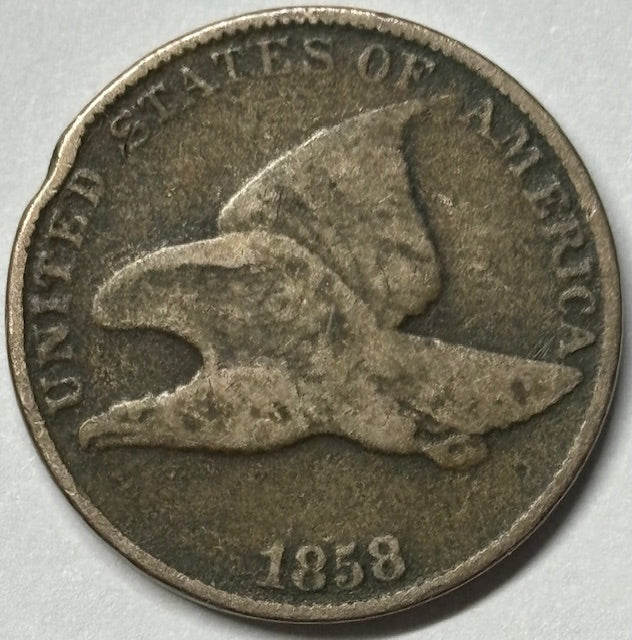 1858 Large Letters Flying Eagle Cent . . . . Fine corrosion, rim hits