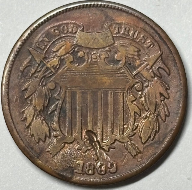 1869 Two Cent Piece . . . . VG obverse hit