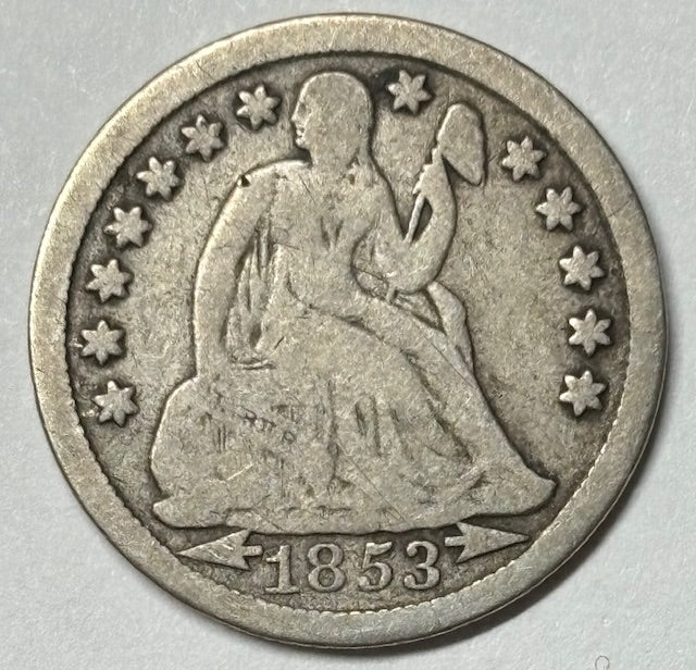 1853 Arrows Seated Liberty Dime . . . . Very Good