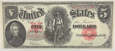 $5.00 1907 -Woodchopper- Silver Certificate Fr. 91 XF/AU