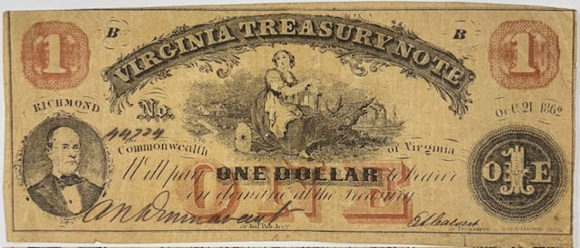 1862 $1.00  Virginia Treasury Note....Fine