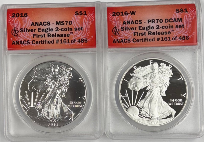 2016-W Silver Eagle BU and Proof . . . . ANACS PR-70 DCAM First Release Silver Eagle 2-coin set