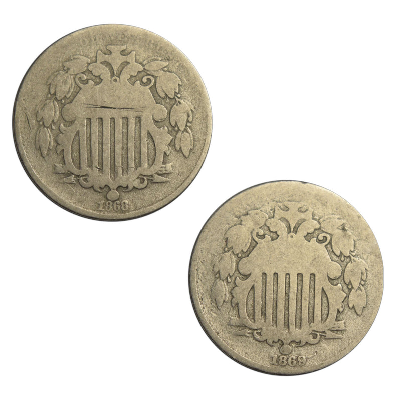 1868 and 1869 Shield Nickel Pair . . . . Good