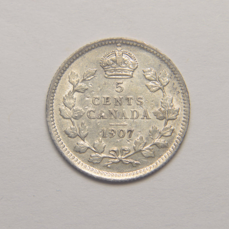 1907 Canadian 5 Cents Choice About Uncirculated