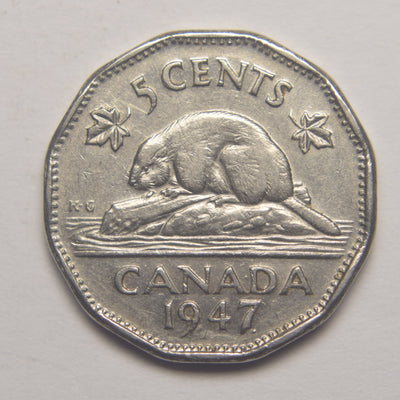 1947 Dot Canadian 5 Cents Choice About Uncirculated